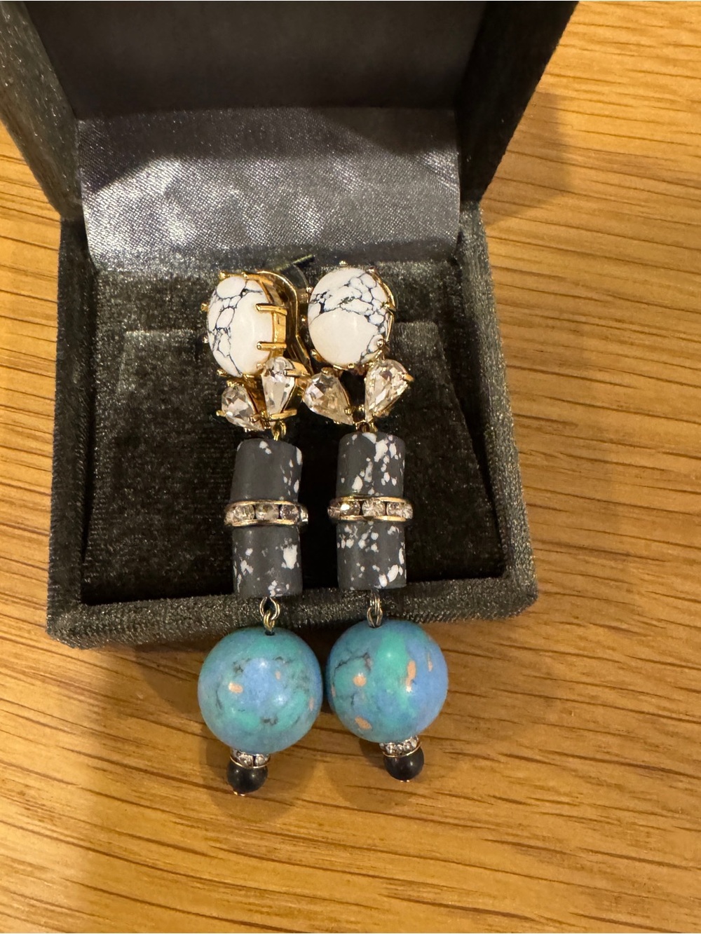 Lele Sadoughi Gold Tone Turquoise & Gray Drop Earrings - White Marble Accent